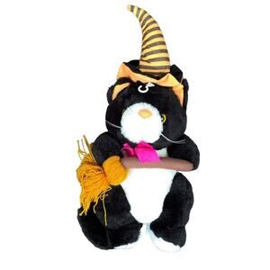 Vintage y2k Halloween Witch Cat Plush Hat & Broom Black White Stuffed Kitty